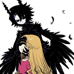 Rule 34 | 2girls, black eyes, black feathers, black hair, black wings, blonde hair, claws, dress, feather-hair, feathered wings, feathers, grabbing another&#039;s head, hand over another&#039;s eyes, harpy, highres, horns, kakke666, looking at another, monster girl, multiple girls, original, pink dress, simple background, solo, upper body, white background, winged arms, wings