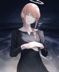 Rule 34 | 1girl, absurdres, anataa, artist name, beach, black dress, chainsaw man, closed mouth, dress, hair over shoulder, halo, highres, long hair, looking at viewer, makima (chainsaw man), night, outdoors, red hair, sand, solo, white halo, yellow eyes