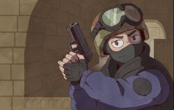 1boy blue_shirt brick_wall counter-strike counter-strike_(series) finger_on_trigger fingerless_gloves gloves goggles goggles_on_headwear gun handgun hat_legs helmet highres looking_at_viewer shirt solo weapon wooden_box