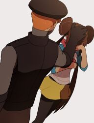 Rule 34 | 1boy, 1girl, artist request, bad id, bad pixiv id, black gloves, black hat, black leggings, black vest, brown hair, brown pants, clenched hands, comforting, covering face, covering own eyes, crying, double bun, elbow gloves, facing another, facing away, gloves, grey mask, grey shirt, hair bun, hand on another&#039;s head, hand on own face, hat, headpat, leggings, long sleeves, low twintails, mask, mouth mask, newsboy cap, nintendo, orange hair, pants, pokemon, pokemon bw2, rosa (pokemon), shirt, skirt, streaming tears, team plasma grunt, team plasma uniform, teardrop, tears, turning head, twintails, vest, white background, white shirt, yellow skirt