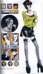 1girl 3boys black_hair chain hat high_heels legs multiple_boys music nana_(manga) nana_(series) official_art okazaki_shin&#039;ichi okazaki_shinichi osaki_nana punk shoes singing skirt takagi_yasushi terashima_nobu thighhighs