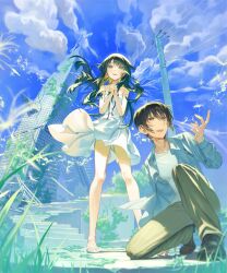 1boy 1girl bare_shoulders barefoot black_hair blue_sky dress flat_chest floating_hair full_body green_eyes green_hair highres long_hair open_mouth overgrown own_hands_together ppru sakisaka_fuminori saya_(saya_no_uta) saya_no_uta sky smile white_dress wings