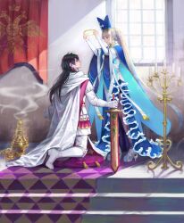 1boy 1girl absurdres arms_up banner black_hair blue_cape blue_hair blue_skirt boots braid braided_hair_rings brown_eyes candelabra candle candlestand cape cloak closed_mouth constantine_xi_(fate) coronation cross cross_earrings crown dnstar_1019 dress earrings eye_contact fate/grand_order fate_(series) full_body gloves gold_trim grey_hair grey_shoes hair_between_eyes hair_rings hat high_heels highres holding holding_crown holding_sword holding_weapon indoors jewelry johanna_(fate) johanna_(third_ascension)_(fate) kneeling long_hair long_sleeves looking_at_another mitre multicolored_hair ponytail purple_eyes shoes side_slit skirt smile standing streaked_hair sword tassel thigh_boots tunic unworn_crown very_long_hair weapon white_boots white_cloak white_dress white_gloves white_tunic wide_sleeves window