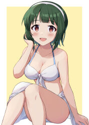 1girl absurdres bare_arms bare_shoulders bikini blush border breasts brown_eyes cleavage collarbone front-tie_bikini_top front-tie_top green_hair hairband hand_up highres idolmaster idolmaster_(classic) looking_at_viewer medium_breasts mole mole_under_mouth open_mouth otonashi_kotori outside_border sarong short_hair shuucream_(syuichi) simple_background sitting smile solo swimsuit wet white_bikini white_border white_hairband white_sarong yellow_background