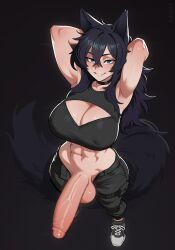 Rule 34 | 1futa, abs, absurdres, animal ears, armpits, arms behind head, artist name, belt, black choker, black hair, black pants, blue eyes, breasts, choker, cleavage, cleavage cutout, clothing cutout, commission, covered erect nipples, crossed bangs, erection, from above, futanari, glooz art, grin, hair between eyes, highres, large breasts, large penis, large tail, large testicles, long hair, looking at viewer, muscular, muscular female, navel, open pants, original, pants, penis, penis out, pouch, shiny skin, shoes, smile, sneakers, solo, standing, tail, testicles, thigh belt, thigh pouch, thigh strap, uncensored, veins, veiny penis, very long hair, wide hips, wolf ears, wolf girl, wolf tail