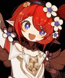 1girl bare_shoulders blue_eyes blush_stickers bright_pupils flower hair_flower hair_ornament highres honkai:_star_rail honkai_(series) kawar1117552 looking_at_viewer open_mouth pointy_ears red_hair smile solo trinnon_(honkai:_star_rail) upper_body white_pupils