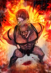Rule 34 | 10s, 1boy, 1girl, abs, alternate costume, belt, blood, blue eyes, brown hair, explosion, eyebrows, closed eyes, gamagoori ira, highres, injury, kill la kill, mankanshoku mako, narita imomushi, nudist beach uniform, piggyback, red eyes, spoilers, utility belt
