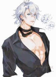 ! 2boys animal_ears antenna_hair black_choker black_shirt blue_eyes chibi choker collared_shirt dog_boy dog_ears highres honkai:_star_rail honkai_(series) looking_at_viewer male_focus muimui093 multiple_boys mydei_(honkai:_star_rail) pectoral_cleavage pectorals phainon_(fashion)_(honkai:_star_rail) phainon_(honkai:_star_rail) shirt short_hair simple_background solo_focus watermark white_background white_hair