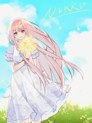 1girl blue_sky bouquet bracelet brown_eyes butterfly_necklace character_name cloud cowboy_shot dot_nose dress eyelashes field floral_print flower flower_bracelet flower_field frilled_sleeves frills happy head_tilt head_wreath highres holding holding_bouquet jewelry jianuannuannuan light_blush long_hair long_sidelocks medium_dress nikki_(nikki) nikki_(series) nikki_up2u2:_world_traveller open_mouth petals pink_hair pleated_dress procreate_(medium) purple_sleeves see-through_clothes see-through_sleeves short_sleeves sidelocks sky smile solo spring_waltz_(shining_nikki) standing swept_bangs very_long_hair white_dress yellow_flower