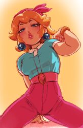 1girl blonde_hair blue_eyes blue_shirt bracelet earrings hair_ribbon highres jewelry long_hair looking_at_viewer mario_(series) mario_kart mario_kart_world nintendo official_alternate_costume pants pink_nails pink_pants pink_ribbon princess_peach princess_peach_(sightseeing) ribbon scubaby shirt short_sleeves solo sphere_earrings
