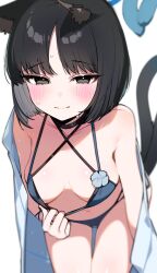 Rule 34 | 1girl, animal ears, bakeneko, bikini, bikini top pull, black choker, black eyes, black nails, black tail, blue archive, blue bikini, blue halo, blue tail, blush, breasts, cape, cat ears, cat girl, cat tail, choker, commentary request, criss-cross straps, fingernails, halo, highres, inuyama nanami, japanese clothes, kikyou (blue archive), kikyou (swimsuit) (blue archive), layered bikini, leaning forward, looking at viewer, multi-strapped bikini bottom, multiple tails, nail polish, navel, official alternate costume, side-tie bikini bottom, simple background, small breasts, solo, swimsuit, tail, two tails, white background, white cape