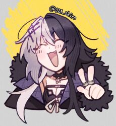 021_shiro 1girl black_choker black_coat black_hair breasts choker cleavage coat fang fur-trimmed_coat fur_trim grey_hair hand_up hololive hololive_english jewelry long_hair medium_breasts multicolored_hair open_mouth purple_coat ribbon ring shiori_novella shiori_novella_(1st_costume) solo split-color_hair two-sided_coat two-sided_fabric two-tone_hair virtual_youtuber w white_ribbon