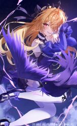 1girl absurdres asymmetrical_legwear bird blonde_hair clenched_teeth detached_sleeves dress fischl_(ein_immernachtstraum)_(genshin_impact) fischl_(genshin_impact) floating_hair genshin_impact grin highres imasaki_kei long_hair long_sleeves looking_at_viewer official_alternate_costume oz_(genshin_impact) pantyhose parted_lips red_eyes shoes smile solo teeth thighhighs twitter_username uneven_legwear white_pantyhose white_thighhighs