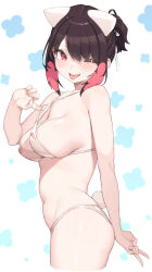 1girl ;p absurdres areola_slip bikini black_hair breasts cloba fingernails highres large_breasts looking_at_viewer navel one_eye_closed original player_2_(cloba) red_eyes short_hair solo stomach swimsuit thighs tongue tongue_out v white_bikini
