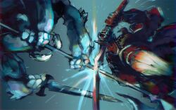 Rule 34 | 2boys, armor, cocytus (overlord), fighting, holding, holding polearm, holding sword, holding weapon, horocca, japanese armor, multiple boys, overlord (maruyama), polearm, sword, warrior takemikazuchi, weapon