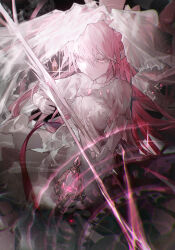 1girl absurdres bow_(weapon) chromatic_aberration clock colored_eyelashes crying crying_with_eyes_open dress film_grain gloves highres holding holding_bow_(weapon) holding_weapon kaname_madoka light_particles long_hair mahou_shoujo_madoka_magica mahou_shoujo_madoka_magica_(anime) pink_eyes pink_hair pink_theme solo soul_gem tears ultimate_madoka veil weapon white_dress white_gloves zadun
