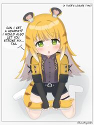 1girl absurdres animal_ear_fluff animal_ears black_gloves cahyo colored_inner_hair gloves highres jacket ju_fufu multicolored_hair open_mouth sitting tagme tail tiger_ears tiger_girl tiger_tail twitter_username wariza zenless_zone_zero