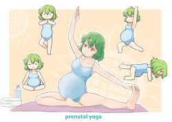 1girl :o all_fours arm_up arms_up bare_legs barefoot big_belly blue_leotard bottle breasts butterfly_sitting chibi commentary_request commission english_text exercising flower frown green_hair hair_between_eyes highres kazami_yuuka leg_up leotard medium_breasts multiple_views mutou_youshun on_floor pregnant red_eyes short_hair sitting skeb_commission smile standing standing_on_one_leg stretching sunflower toes touching_toes touhou towel water_bottle yoga yoga_mat