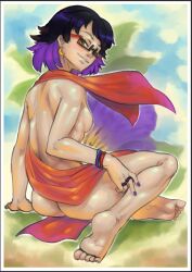 1girl ass backboob barefoot black-framed_eyewear black_hair border breasts commentary crescent crescent_earrings earrings english_commentary fingernails full_body glasses green_background green_eyes highres jewelry looking_at_viewer medium_breasts multicolored_hair nude orange_scarf original puchirisu purple_hair purple_nails rectangular_eyewear remona_violeta scarf semi-rimless_eyewear short_hair sitting smile solo two-tone_hair under-rim_eyewear white_border