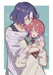 Rule 34 | 1boy, 1girl, amate yuzuriha, blue background, blue hair, blush, ch1wa l0ve, closed eyes, collared shirt, colored inner hair, gundam, gundam gquuuuuux, heart, hetero, highres, hug, hug from behind, long sleeves, multicolored hair, necktie, open mouth, purple hair, red hair, school uniform, shirt, short hair, shuji ito, simple background, smile, sweater, two-tone hair, upper body, white shirt