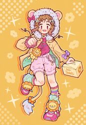 Rule 34 | 1girl, absurdres, animal ears, animal hood, bear ears, bear hair ornament, blush, blush stickers, bow, box, brown hair, clenched hand, fake animal ears, fangs, flower, frills, full body, fur-trimmed jacket, fur trim, hair ornament, hairclip, heart, highres, holding, holding box, hood, hood up, hooded jacket, jacket, jewelry, leg up, leg warmers, lion, lion ears, lion tail, long sleeves, looking at viewer, loose socks, necklace, nemupan, open clothes, open jacket, open mouth, orange background, original, pink bow, pink shirt, pink shorts, polka dot, purple bow, red eyes, shirt, shoes, short hair, shorts, smile, sneakers, socks, solo, sparkle, standing, standing on one leg, star (symbol), striped clothes, striped socks, stuffed animal, stuffed toy, tail, teddy bear, teeth, x hair ornament, yellow background, yellow jacket, yellow socks