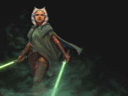1girl ahsoka_tano alien anthonyfoti blue_eyes dual_wielding energy_sword english_text green_lightsaber green_poncho highres holding holding_sword holding_weapon jedi lightsaber smoke solo standing star_wars sword togruta watermark weapon