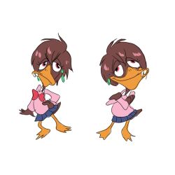 abby_mallard alissondguilhe1 ayase_momo bird brown_hair chicken_little copyright_request dandadan duck earrings furry furry_female jewelry parody school_uniform simple_background solo