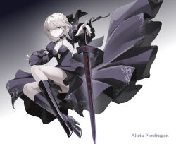 1girl absurdres artoria_pendragon_(fate) black_dress black_ribbon black_thighhighs blonde_hair braid braided_bun breasts bun_with_braided_base clothing_cutout curvy dark_persona dress excalibur_morgan_(fate) fate/grand_order fate_(series) feibai gothic_lolita hair_bun hand_on_hilt highres holding holding_sword holding_weapon juliet_sleeves lolita_fashion long_sleeves looking_at_viewer puffy_sleeves ribbon saber_alter saber_alter_(third_ascension) short_hair single_hair_bun skirt solo sword thighhighs thighs weapon yellow_eyes
