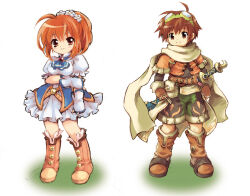 Rule 34 | 1boy, 1girl, ahoge, belt, black pants, boots, breasts, brown boots, brown eyes, brown hair, dress, emil (eco), emil chronicle online, frilled dress, frills, goggles, goggles on head, kirou ran, marcia (eco), medium breasts, pants, ponytail, scarf, sheath, standing, sword, thigh boots, weapon, white dress