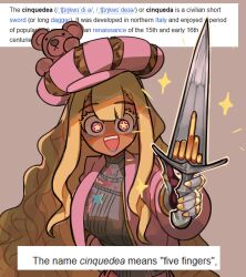1girl :d absurdres armor armor_under_clothes blonde_hair blue_eyeshadow blue_lips breastplate centurii-chan chaperon_hat cinquedea commentary dark-skinned_female dark_skin english_commentary english_text eyeshadow fangs gauntlets grey_background gyaru gyaru_landsknecht_(centurii-chan) hat highres holding holding_sword holding_weapon jacket long_hair makeup middle_finger open_mouth original pink_jacket red_eyes shaded_face short_sword simple_background smile solo sparkle star-shaped_pupils star_(symbol) stuffed_animal stuffed_toy sword symbol-shaped_pupils teddy_bear teeth upper_teeth_only wavy_hair weapon wikipedia