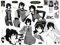 2girls absurdres age_progression aged_down aierlaobo ashley_graves black_hair black_pants black_shirt bottle breasts candy chain chinese_commentary chinese_text collar collared_shirt commentary_request diagonal-striped_clothes diagonal-striped_necktie fang flower_pin food green_eyes green_theme grey_shirt greyscale hair_ornament hairclip heart highres jewelry layered_sleeves lollipop long_hair long_sleeves loose_clothes loose_dress mature_female medium_breasts medium_hair messy_hair monochrome multiple_girls multiple_views necklace necktie one_eye_closed pants photo-referenced photo_inset pleated_skirt ponytail reference_inset renee_graves revealing_clothes school_uniform shirt short_over_long_sleeves short_sleeves sigh skin_fang skirt smug speech_bubble spiked_collar spikes spot_color striped_clothes the_coffin_of_andy_and_leyley thought_bubble translation_request water_bottle watermark weibo_watermark white_background