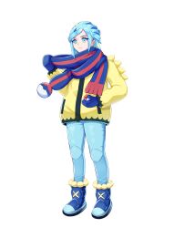 1boy absurdres blue_boots blue_eyes blue_hair blue_mittens blue_pants blue_scarf boots closed_mouth commentary_request creatures_(company) expressionless eyelashes full_body game_freak grusha_(pokemon) highres holding holding_poke_ball jacket long_sleeves male_focus mittens nintendo pants poke_ball poke_ball_(basic) pokemon pokemon_sv purume_touru scarf simple_background solo striped_clothes striped_scarf white_background yellow_jacket