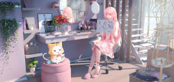 1girl :d absurdres animal ankle_socks ball basket beret book bottle bow_legwear candle cat clothed_animal clothes_hanger compact_(cosmetics) cosmetics cross-laced_clothes day drawing_(object) dress flower frilled_sleeves frills full_body fur_hat hanging_light hat highres holding holding_sketchbook indoors ivy jewelry long_hair long_sleeves looking_at_another magazine_(object) makeup_brush mannequin mirror mizuiro_abokado momo_(nikki) necklace nikki_(nikki) nikki_(series) on_chair open_mouth parted_lips pencil pencil_case perfume_bottle photo_(object) picture_frame pinafore_dress pink_dress pink_eyes pink_hair pink_ribbon pink_slippers plant potted_plant red_flower ribbon shelf shining_nikki shirt sitting sketchbook sleeveless sleeveless_dress slippers smile socks stairs stool swivel_chair table tape_measure tray unworn_hat unworn_headwear unworn_jewelry unworn_necklace vanity_table vase white_headwear white_shirt white_socks window wooden_floor yellow_flower