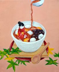 1girl absurdres acrylic_paint_(medium) anmitsu_(dessert) bad_id bad_pixiv_id black_hair copyright_request food hair_bun highres in_food leaf mini_person minigirl painting_(medium) pink_background plate qurage single_hair_bun solo spoon traditional_media wide_shot