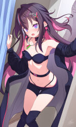 1girl absurdres azki_(2nd_costume)_(hololive) azki_(hololive) belt black_bra black_choker black_coat black_panties black_shorts blush bra brown_hair choker coat colored_inner_hair commentary_request curtain_grab curtains double-parted_bangs earrings embarrassed fitting_room hair_between_eyes hair_intakes hair_ornament hairclip half_updo high_belt highleg highleg_panties highres hololive jewelry long_coat long_hair long_sleeves looking_at_viewer mille mole mole_under_eye multicolored_hair open_mouth over-kneehighs panties panty_straps pink_hair ponytail purple_eyes revealing_clothes self_cosplay short_ponytail short_shorts shorts sidelocks solo strapless strapless_bra streaked_hair surprised thighhighs underwear very_long_hair virtual_youtuber white_hair