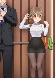 1boy 1girl adjusting_clothes adjusting_hair black_skirt black_suit blush braid braided_ponytail breasts brown_hair brown_pantyhose elevator eyes_out_of_frame feet_out_of_frame formal_clothes head_out_of_frame highres idolmaster idolmaster_cinderella_girls jacket kamille_(vcx68) medium_breasts necktie pantyhose pencil_skirt producer_(idolmaster) senkawa_chihiro shirt shirt_tucked_in skirt suit unworn_jacket unworn_necktie white_shirt