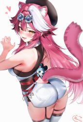 1girl :d absurdres animal_ear_fluff animal_ears ass bare_arms beret black_hat black_shirt breasts center-flap_bangs chattino_(raora_panthera) claw_pose clothing_cutout double-parted_bangs extra_ears fang from_behind garter_straps goggles goggles_on_head hand_up hat high-waist_shorts highres hololive hololive_english long_hair looking_at_viewer looking_back maru_ccy multicolored_hair open_mouth panther_ears panther_girl panther_tail pink_hair raora_panthera raora_panthera_(1st_costume) shirt shorts sideboob simple_background single_garter_strap skin_fang sleeveless sleeveless_shirt smile solo streaked_hair tail tail_through_clothes thigh_strap thighhighs undershirt vest virtual_youtuber white_background white_hair white_shorts white_thighhighs white_vest yellow_eyes