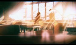 Rule 34 | 1boy, 1girl, bloom, blurry, brown hair, building, cherry blossoms, classroom, curtains, depth of field, highres, indoors, light particles, long hair, o-bana, original, scenery, solo, spring (season), sun glare, sunlight, window