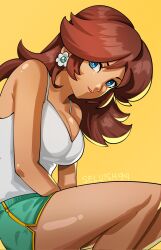 1girl bare_shoulders blue_eyes breasts brown_hair cleavage earrings flower_earrings green_shorts highres jewelry large_breasts long_hair looking_at_viewer mario_(series) nintendo princess_daisy selvish94 shorts simple_background smile solo tank_top white_tank_top