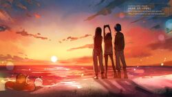 1boy 2girls aki_(neyuki41028) amate_yuzuriha artist_name back black_hair blue_hair commentary_request conch_(gundam) film_grain gundam gundam_gquuuuuux haro long_hair multicolored_hair multiple_girls nyaan_(gundam_gquuuuuux) ocean outdoors pants purple_hair red_hair shirt short_hair shorts shuji_ito sunset swim_ring twitter_username two-tone_hair watermark