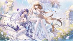 2girls animal_ears azur_lane bare_shoulders blonde_hair blue_butterfly blue_flower breasts bridal_veil bride bug butterfly cleavage commentary_request crossed_bangs day detached_sleeves dress dutch_angle falling_petals feet floating_hair flower fountain hair_between_eyes hand_on_own_cheek hand_on_own_face hand_up haneru highres insect large_breasts lion_(azur_lane) long_hair looking_at_viewer lying manjuu_(azur_lane) mole mole_under_eye mole_under_mouth multiple_girls no_shoes on_ground outdoors petals pillar purple_butterfly purple_hair see-through_clothes see-through_veil sideboob sitting sky soles thighhighs toes trafalgar_(azur_lane) veil very_long_hair water wedding_dress white_dress white_thighhighs yellow_eyes