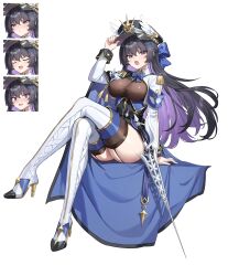 1girl absurdres armband belt black_belt black_cape black_hair black_hat blue_armband blue_bow blue_bowtie boots bow bowtie braid breasts cape cleavage closed_eyes colored_inner_hair cropped_jacket crossed_legs epaulettes garter_straps hair_bow hand_on_headwear hat high_heel_boots high_heels highres jacket long_hair long_sleeves multicolored_hair multiple_expressions open_clothes open_jacket open_mouth original purple_eyes purple_hair rahy see-through_cleavage see-through_clothes sitting sweat sword tassel taut_clothes thigh_boots thighhighs weapon white_background white_jacket winged_hat