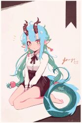 1girl absurdres barefoot between_legs black_ribbon black_skirt blue_hair character_name collared_shirt commentary dated dragon_girl dragon_horns dragon_tail earrings english_commentary flower hair_bobbles hair_flower hair_ornament hand_between_legs high-waist_skirt highres horns jewelry long_hair looking_at_viewer notice_lines original pointy_ears red_eyes ribbon rnna seiza shirt shirt_tucked_in signature sitting skirt solo tail tassel tassel_earrings white_shirt youyo_(rnna)