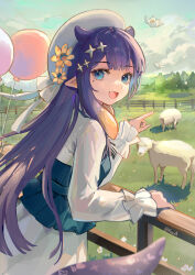 1girl :d animal balloon blue_camisole blue_hair blue_sky brown_hair camisole cloud day dress fang fence flower gradient_hair hat hat_flower highres hololive hololive_english long_hair long_sleeves looking_at_viewer looking_to_the_side multicolored_hair ninomae_ina&#039;nis open_mouth outdoors pointing purple_hair rero_(bigdoorbig2) sheep sky sleeves_past_wrists smile solo twitter_username very_long_hair virtual_youtuber white_dress white_flower white_hat yellow_flower