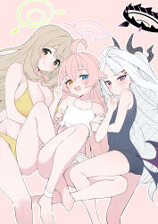 3girls :d ;d ^_^ absurdres ahoge bare_legs barefoot black_halo blue_archive blue_eyes blush breasts brown_hair cleavage closed_eyes green_halo halo highres hina_(blue_archive) hina_(swimsuit)_(blue_archive) horns hoshino_(blue_archive) hoshino_(swimsuit)_(blue_archive) long_hair looking_at_viewer mistel_(sukebemistel) multiple_girls nonomi_(blue_archive) nonomi_(swimsuit)_(blue_archive) official_alternate_costume one_eye_closed open_mouth pink_background pink_hair purple_eyes simple_background smile thighs v white_hair white_halo