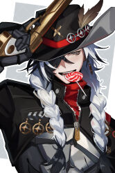 Rule 34 | 1boy, abs, arm up, bare pectorals, bf2xuec6ow98466, black feathers, black hair, black hat, black jacket, blue eyes, boothill (honkai: star rail), braid, candy, commentary, cowboy hat, cropped jacket, cyborg, feathers, food, golden gun, gun, hair over one eye, handgun, hashtag-only commentary, hat, highres, holding, holding gun, holding weapon, honkai: star rail, honkai (series), jacket, lollipop, lollipop in mouth, long hair, long sleeves, looking at viewer, male focus, multicolored hair, one eye covered, pectorals, plume, red scarf, scarf, sharp teeth, solo, swirl lollipop, teeth, twin braids, unzipped, upper body, weapon, white hair, zipper, zipper pull tab