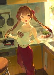 1girl :d absurdres bra breasts camisole center-flap_bangs character_print commentary_request cooking double-parted_bangs food fried_egg hair_ornament hair_ribbon hairclip heterochromia highres holding holding_plate holding_spatula hololive houshou_marine indoors kitchen large_breasts long_hair looking_at_viewer loungewear midriff open_mouth pants pink_bra plate rasa_k red_eyes red_hair red_pants red_ribbon ribbon sausage shirt sidelocks smile solo spatula standing twintails underwear virtual_youtuber white_camisole yellow_eyes