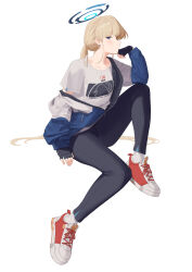 1girl alternate_costume alternate_hairstyle black_gloves black_pants blue_archive blue_eyes breasts brown_hair casual earrings elbow_rest fikkyun fingerless_gloves full_body gloves grey_shirt halo highres invisible_chair jacket jewelry knee_up long_hair long_sleeves looking_at_viewer low_twintails off_shoulder pants red_shoes shirt shoes short_sleeves sideways_glance simple_background sitting small_breasts sneakers socks solo stud_earrings toki_(blue_archive) twintails very_long_hair white_background white_socks