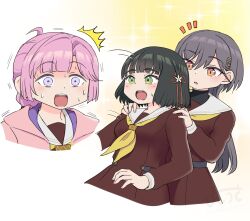 3girls ^^^ ahoge anyoji_hime black_hair blunt_bangs blunt_ends blush bob_cut breasts brown_dress commentary dress flower flower_knot green_eyes grey_hair hair_flower hair_intakes hair_ornament hasu_no_sora_school_uniform highres hood hooded_jacket jacket katsuragi_izumi kurousanoko link!_like!_love_live! long_hair long_sleeves love_live! medium_breasts momose_ginko multi-tied_hair multiple_girls neckerchief nervous_sweating notice_lines open_clothes open_jacket open_mouth orange_eyes pink_hair pink_jacket pleated_dress ponytail purple_eyes sailor_collar sailor_dress school_uniform short_hair sidelocks slit_pupils sparkle sweat sweatdrop swept_bangs triangle_hair_ornament turtleneck virtual_youtuber white_sailor_collar winter_uniform wolf_cut yellow_background yellow_neckerchief