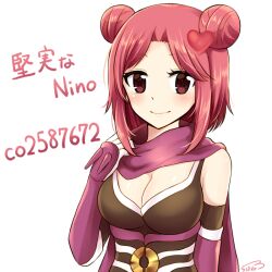 1girl armor blush breasts brown_eyes brown_leotard cleavage closed_mouth commentary_request double_bun gauntlets gloves guillotine_cross_(ragnarok_online) hair_bun hair_ornament heart heart_hair_ornament leotard looking_at_viewer medium_breasts mio1030 official_alternate_costume pink_hair purple_armor purple_scarf ragnarok_online scarf simple_background smile solo transparent_background upper_body white_gloves